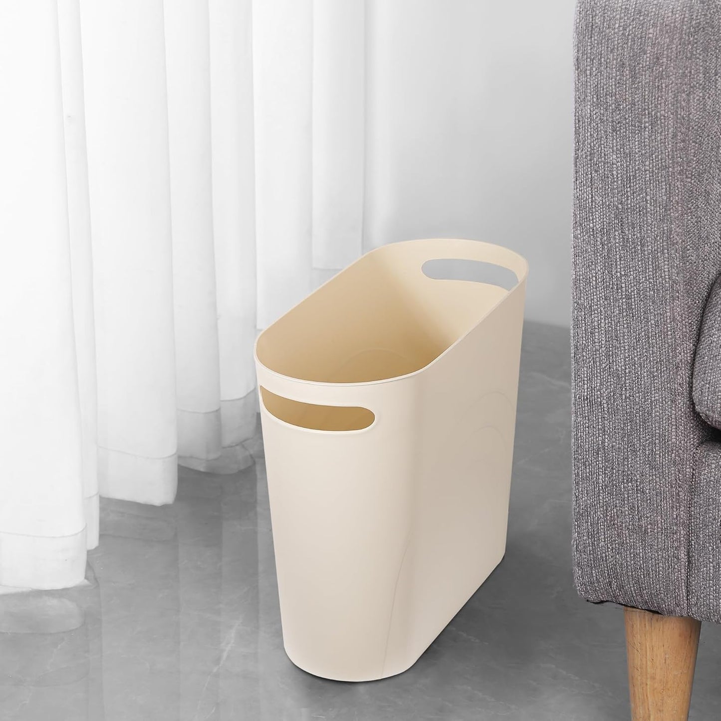 rejomiik Small Trash Can, 3.5 Gallon Slim Garbage Can Plastic Waste Basket with Handles Container Bin for Narrow Spaces Bathroom, Bedroom, Kitchen, Office at Home, 2 Pack Cream