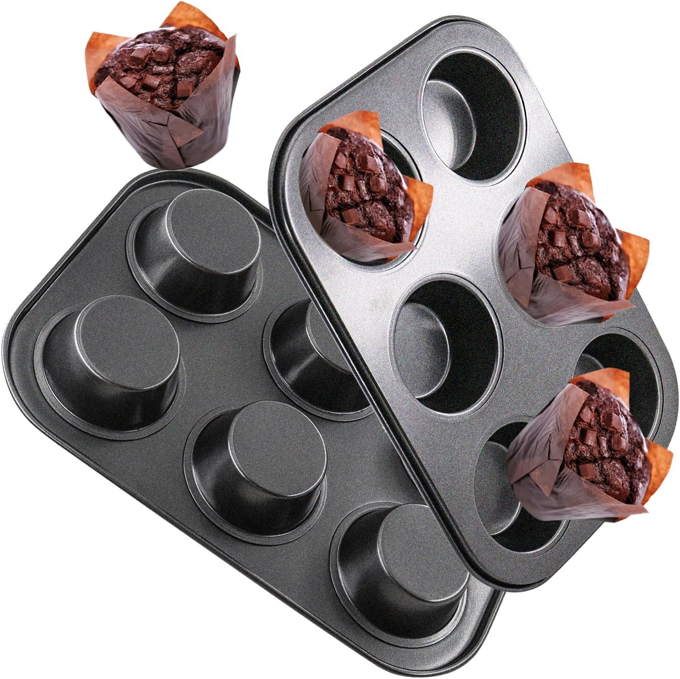 2 Packs Round Muffin Baking Pan, Premium Steel Muffin Pan for Baking, Cupcake Tin Cheesecake Pans, Bakeware Muffin Top Pan (6 Cups,Black)