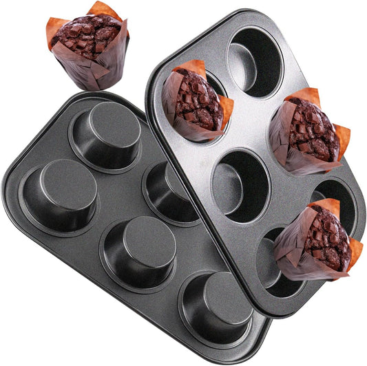 2 Packs Round Muffin Baking Pan, Premium Steel Muffin Pan for Baking, Cupcake Tin Cheesecake Pans, Bakeware Muffin Top Pan (6 Cups,Black)