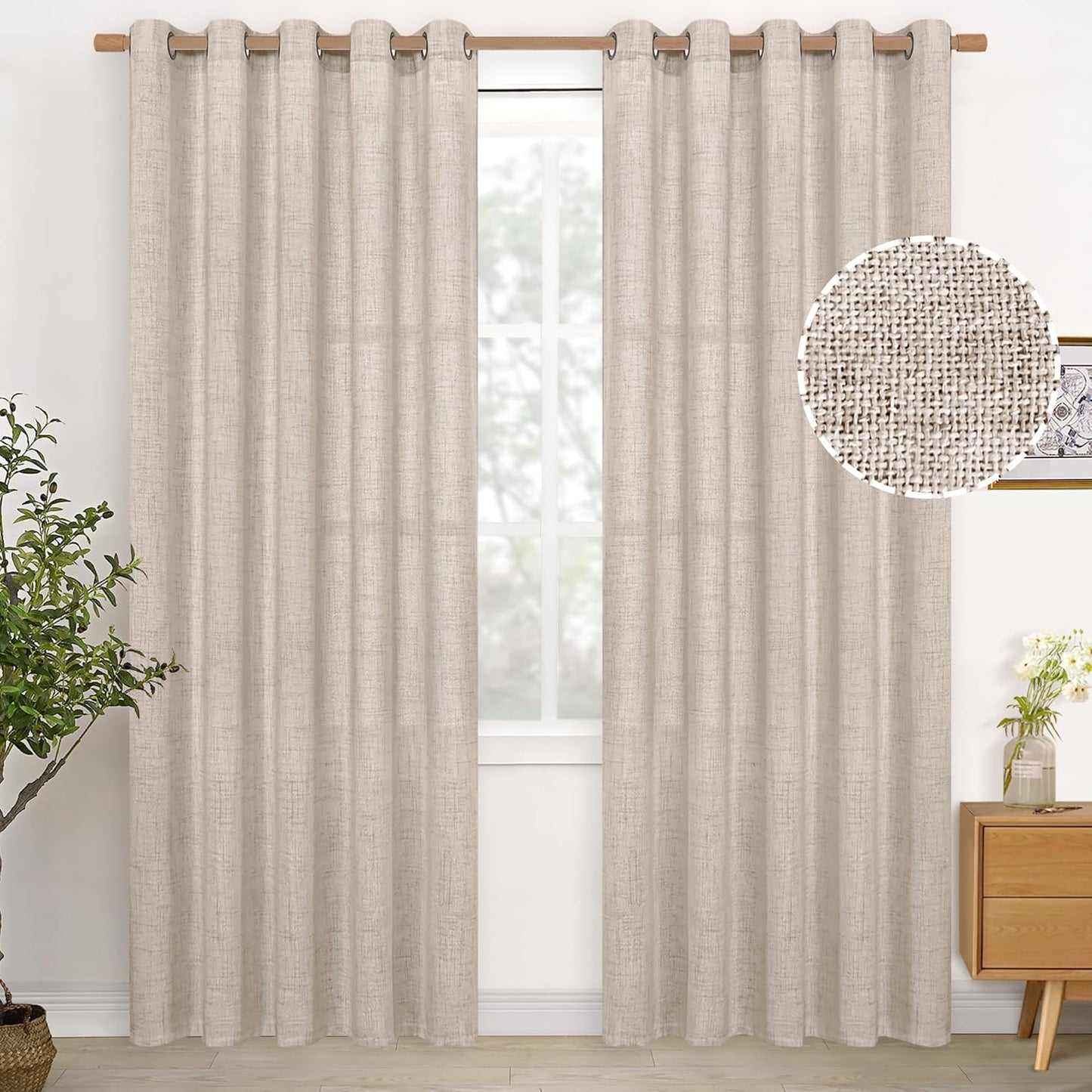 YoungsTex Natural Linen Curtains for Living Room 60 Inch Wide Bronze Grommet Linen Textured Drapes 84 Inch Length Light Filtering Window Curtains Farmhouse, 2 Panels, 60 X 84 Inch