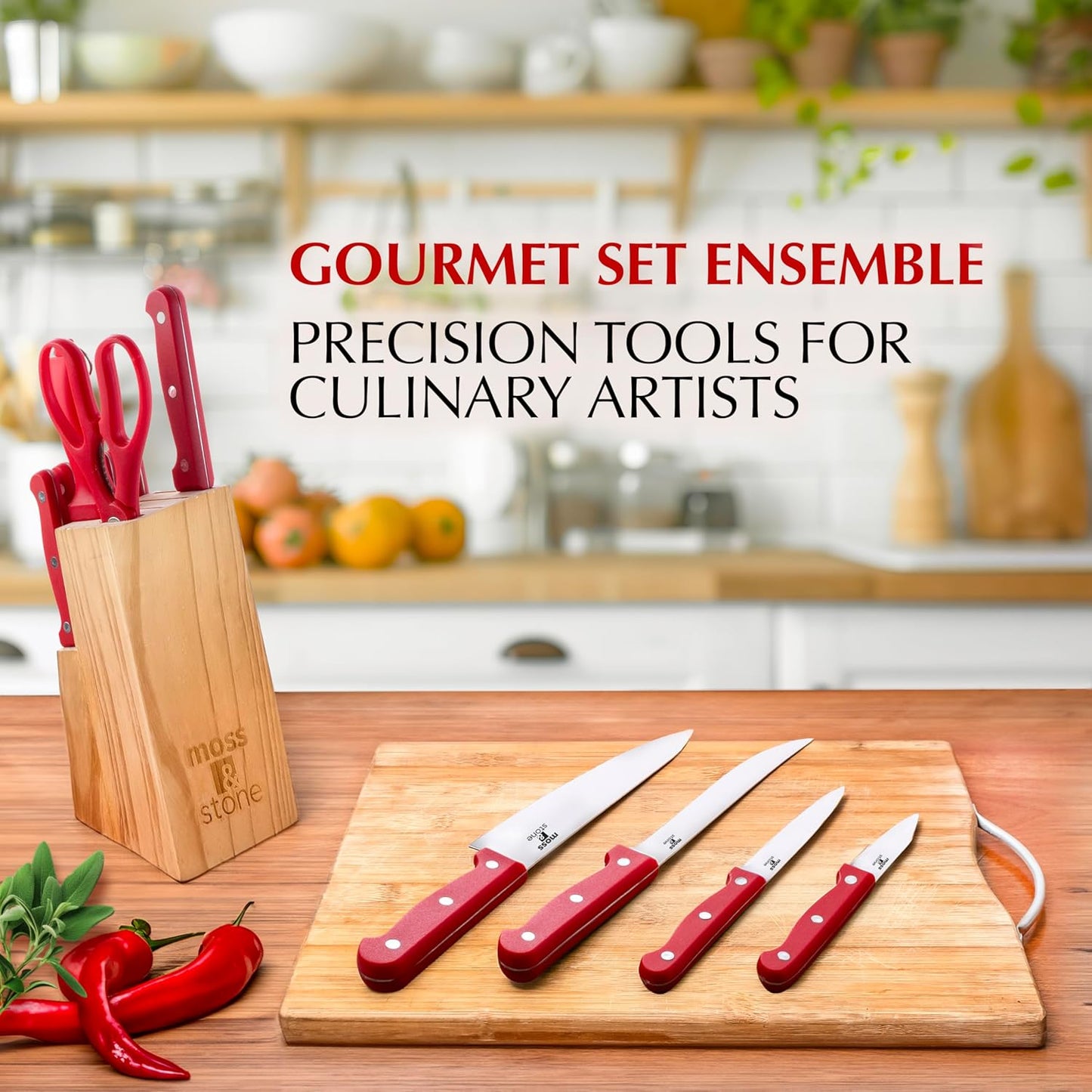 Moss & Stone 14 Pcs Knife Block Set Stainless Steel, Premium Forged Kitchen Knives Set with High-Carbon Blades, Ergonomic Handle, Sharp Blade, Rust Resistant, Modern Style for Home & Chef, Red