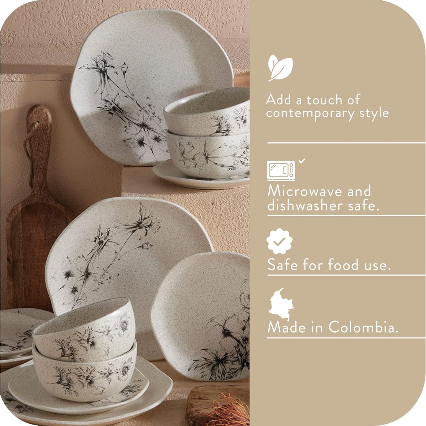 Corona Dinnerware Set 12– piece, Plates and Bowls Set, Ceramic Sets for 4, Microwave and Dishwasher Safe, Elea Floral Design