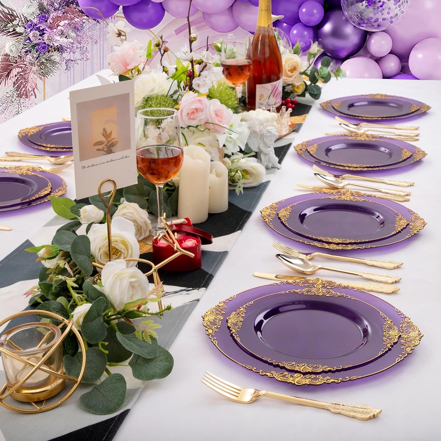 102PCS Purple and Gold Plastic Plates - High End Purple Disposable Plate - Vintage Party Dinner & Dessert Plates for 51 Guests Wedding & Halloween Party