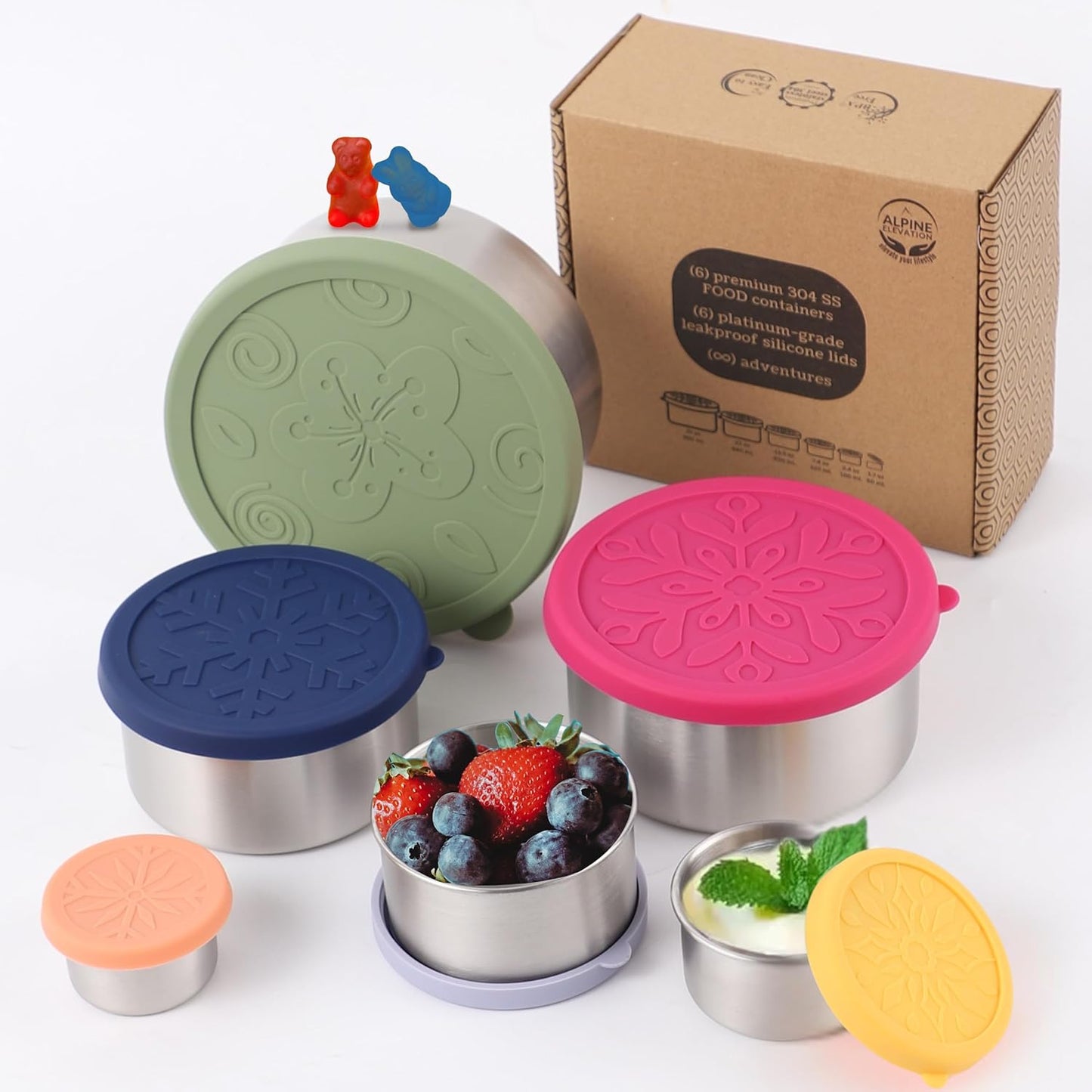 12 Pcs - 6 Stainless Steel Containers + 6 Silicone Lids | 304 Stainless Steel Snack Container | Nesting Snack and Dip Containers | Metal Food Storage