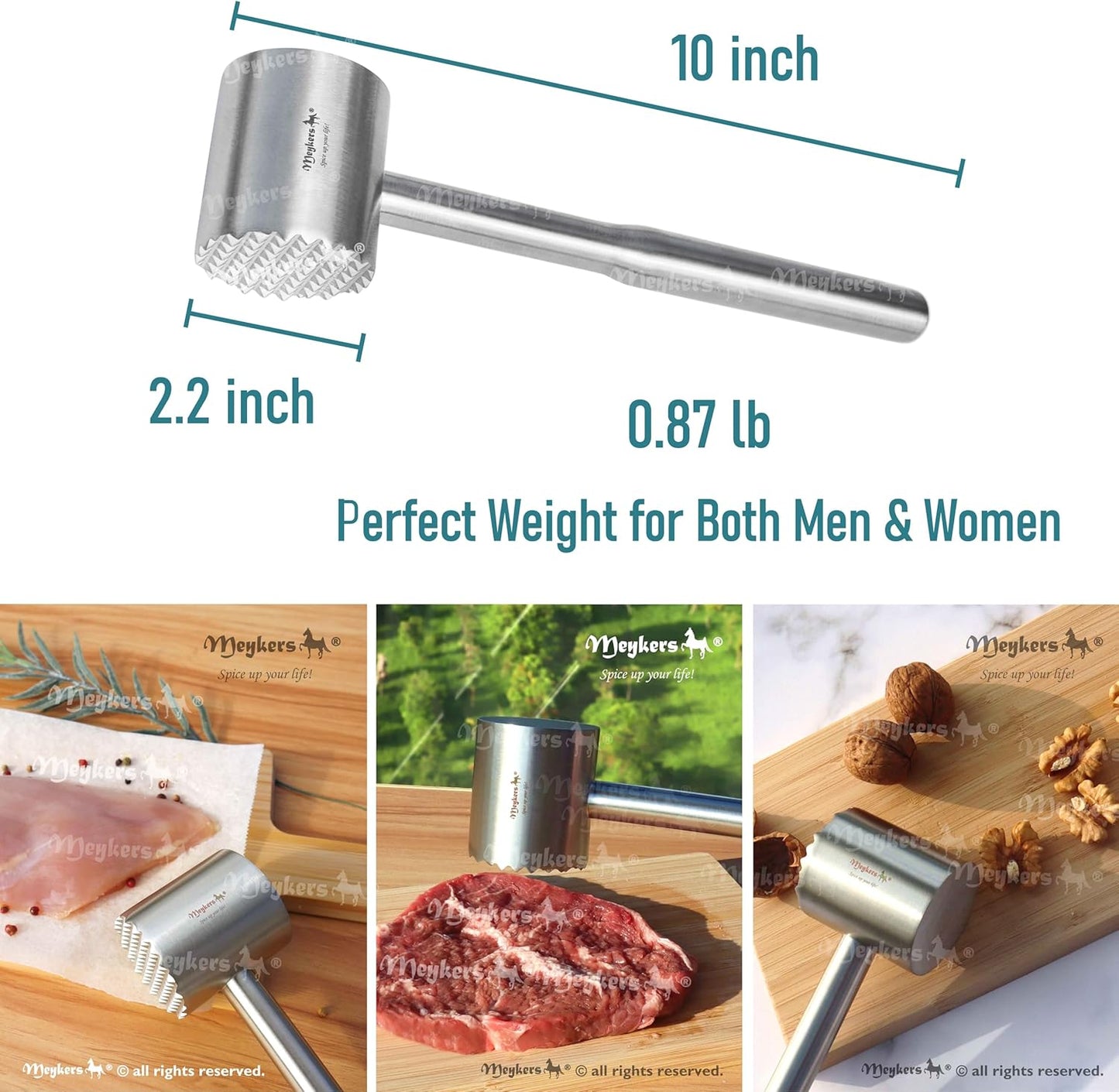 Meykers Meat Tenderizer Mallet | Dishwasher Safe | All 304 Stainless Steel | Perfect Weight | Meat Hammer Pounder Flattner Beater | for Steak Beef Chicken Pork | Kitchen Tool for Cooking