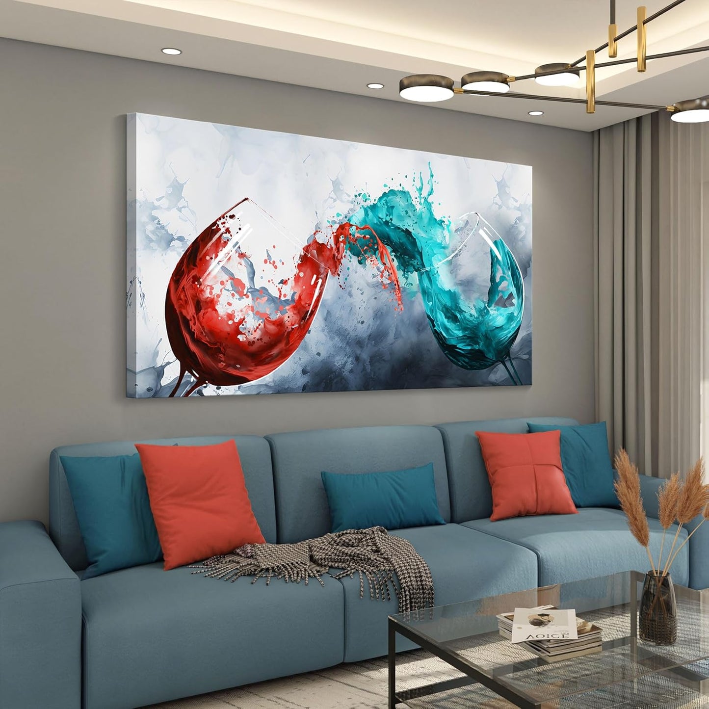 Pogusmavi Dining Room Wall Art Wine Glass Canvas Wall Pictures Kitchen Art Wall Decor Blue & Red Wine Cups Painting Modern Wall Art for Living Room Office Artwork Wall Decor 30x60IN