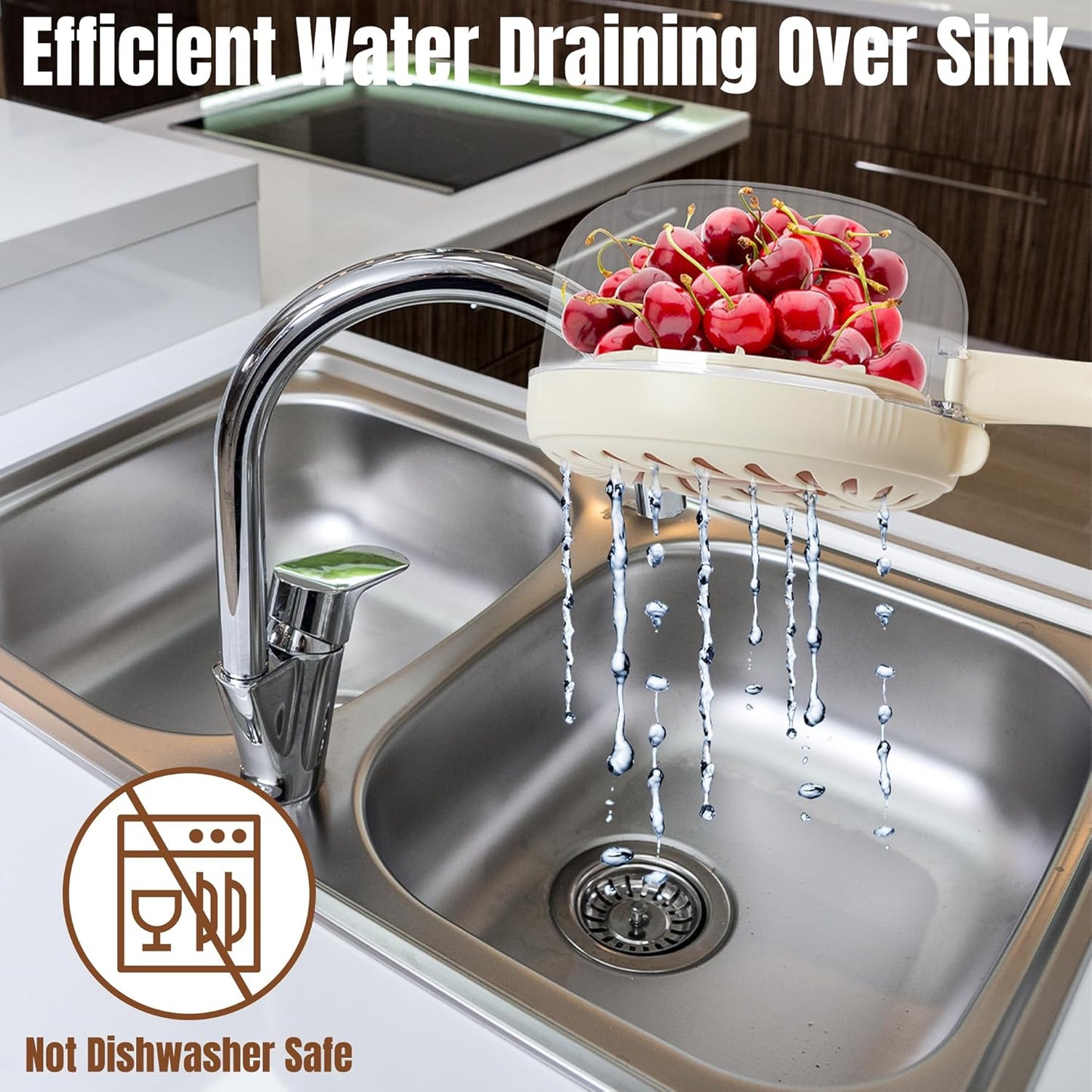 Fruit Washing Bowl with Strainer - Fruit Washer Drain Basket with Foldable Handle and Ice Box, 2 in 1 Vegetable Cleaning Colander, Multifunctional Fridge Storage Container for Kitchen Picnic