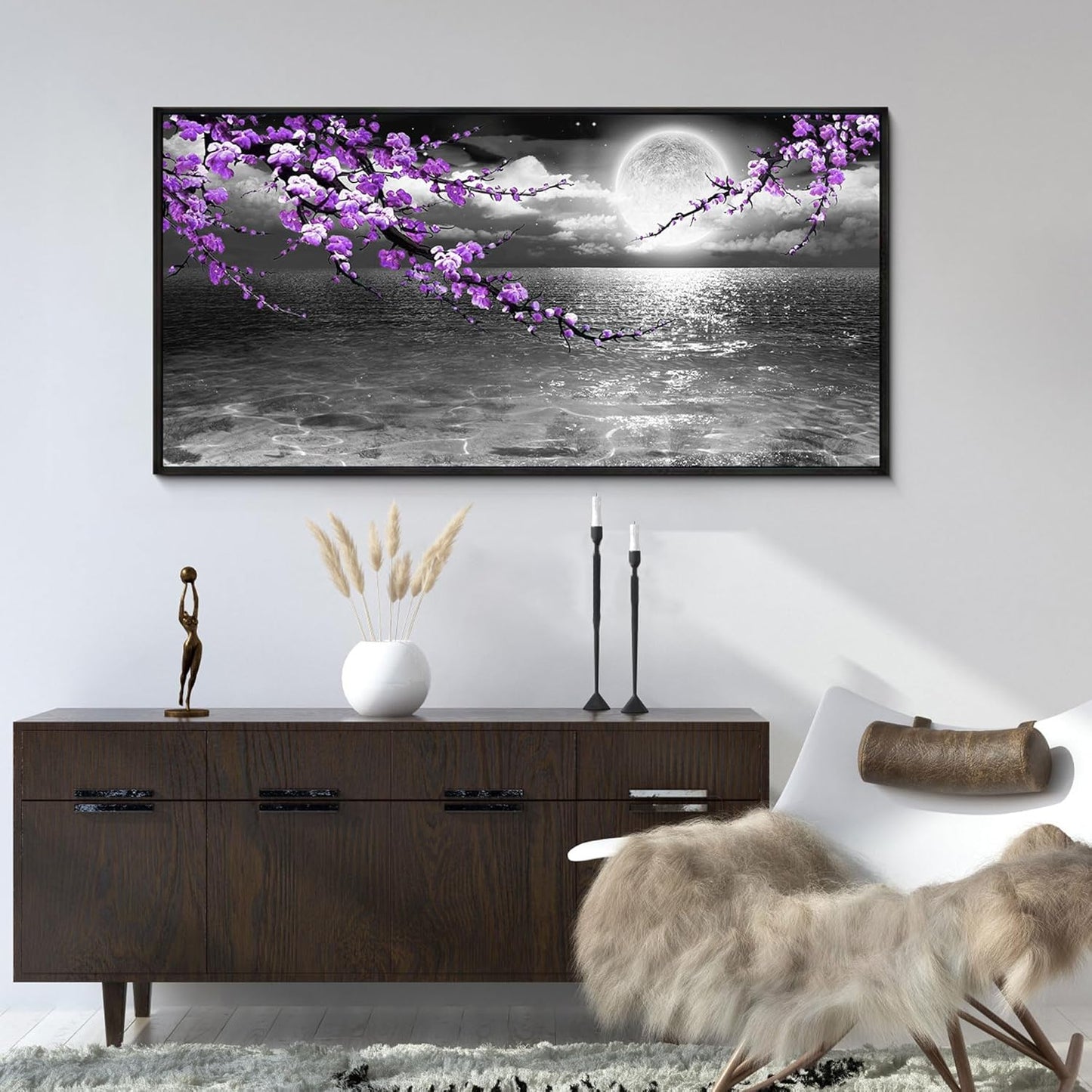 yiijeah Purple Wall Decor - Large Paintings for Living Room Plum Blossom Moon Ocean Canvas Picture Framed Artwork Black and White Seascape Wall Art Home Bedroom Decoration