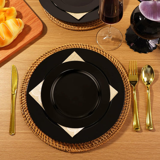 100 PCS Black Plastic Plates, Plastic Halloween Disposable Plates Include 50 10 inch Dinner Plate and 50 7 inch Dessert Plate Perfect for Party, Wedding,Halloween