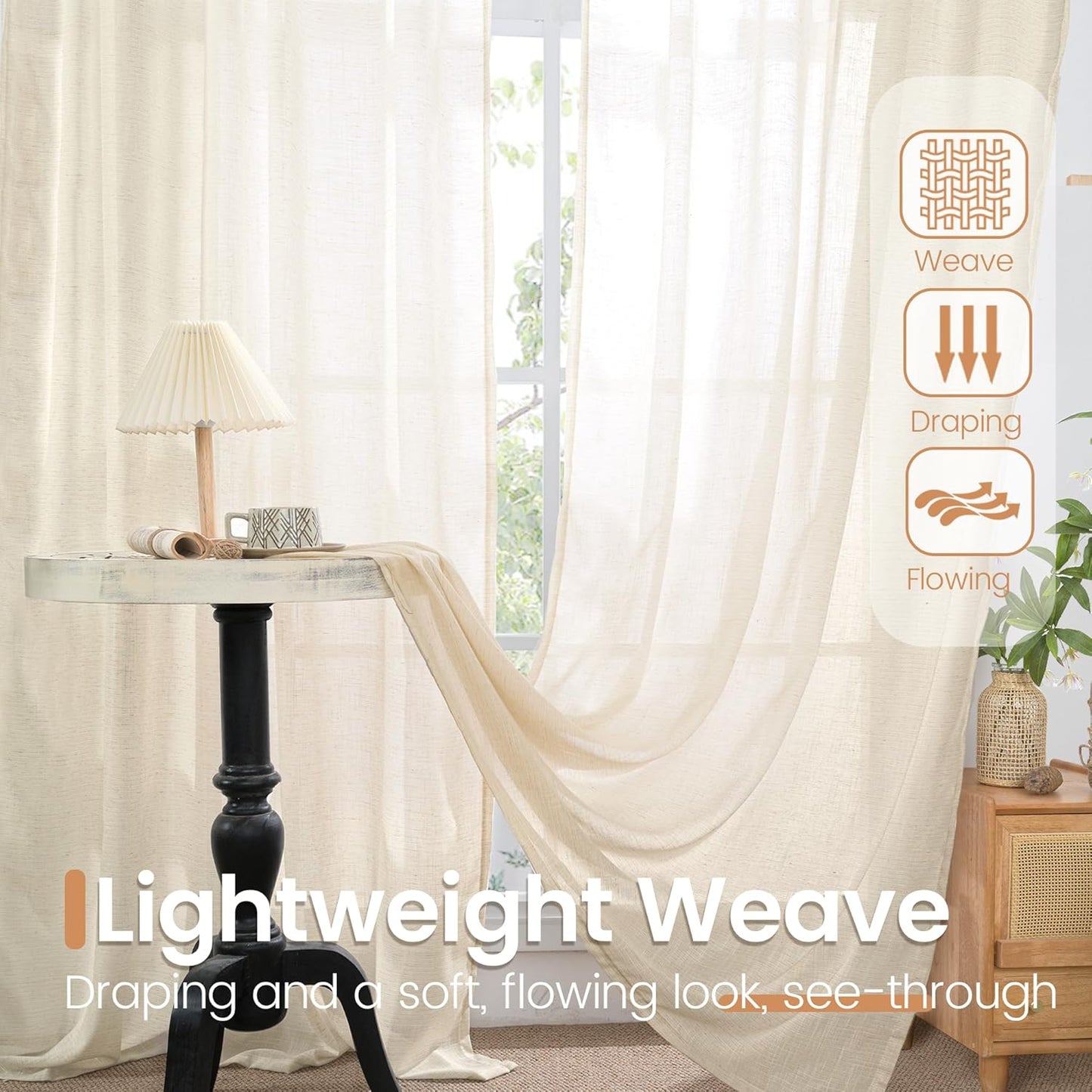 BGment Linen Curtains 102 Inches Long for Living Room, Semi Sheer Light Beige Window Drapes for Bedroom Farmhosue Decor Floor Length with Rod Pocket Leightweight, 2 Panels Set, Each 52 Inch Wide