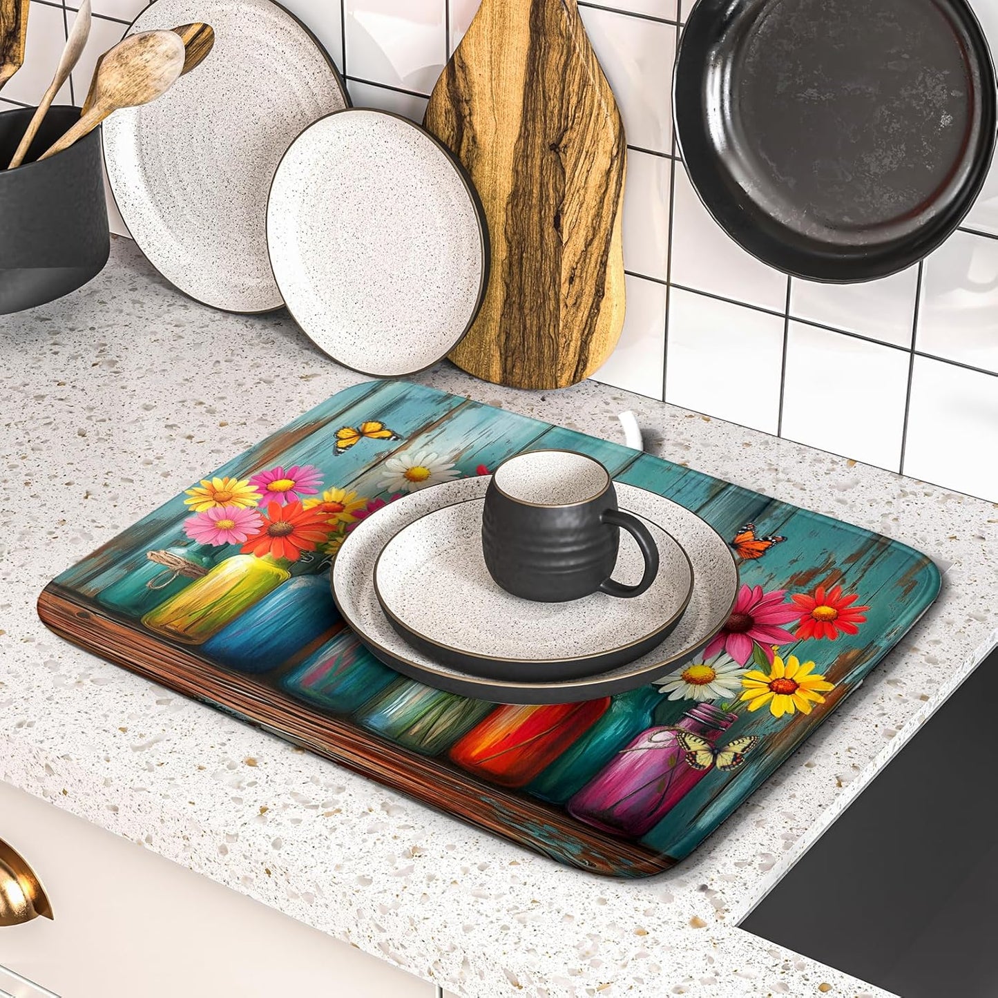 Botanical Flowers Dish Drying Mats 16x18 Inch,Colorful Daisy Mason Jar on Wood Plank Microfiber Quick-Dry Drainer Rack Absorbent Pad for Farmhouse Kitchen Countertop Sink Decor