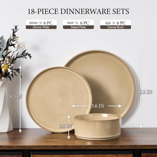 E-far Stoneware Dinnerware Sets, 18-Pieces Modern Plates and Bowls Sets, Kitchen Dinning Porcelain Dishes Set for 6, Chip & Scratch Resistant, Dishwasher & Microwave Safe, Caramel Khaki
