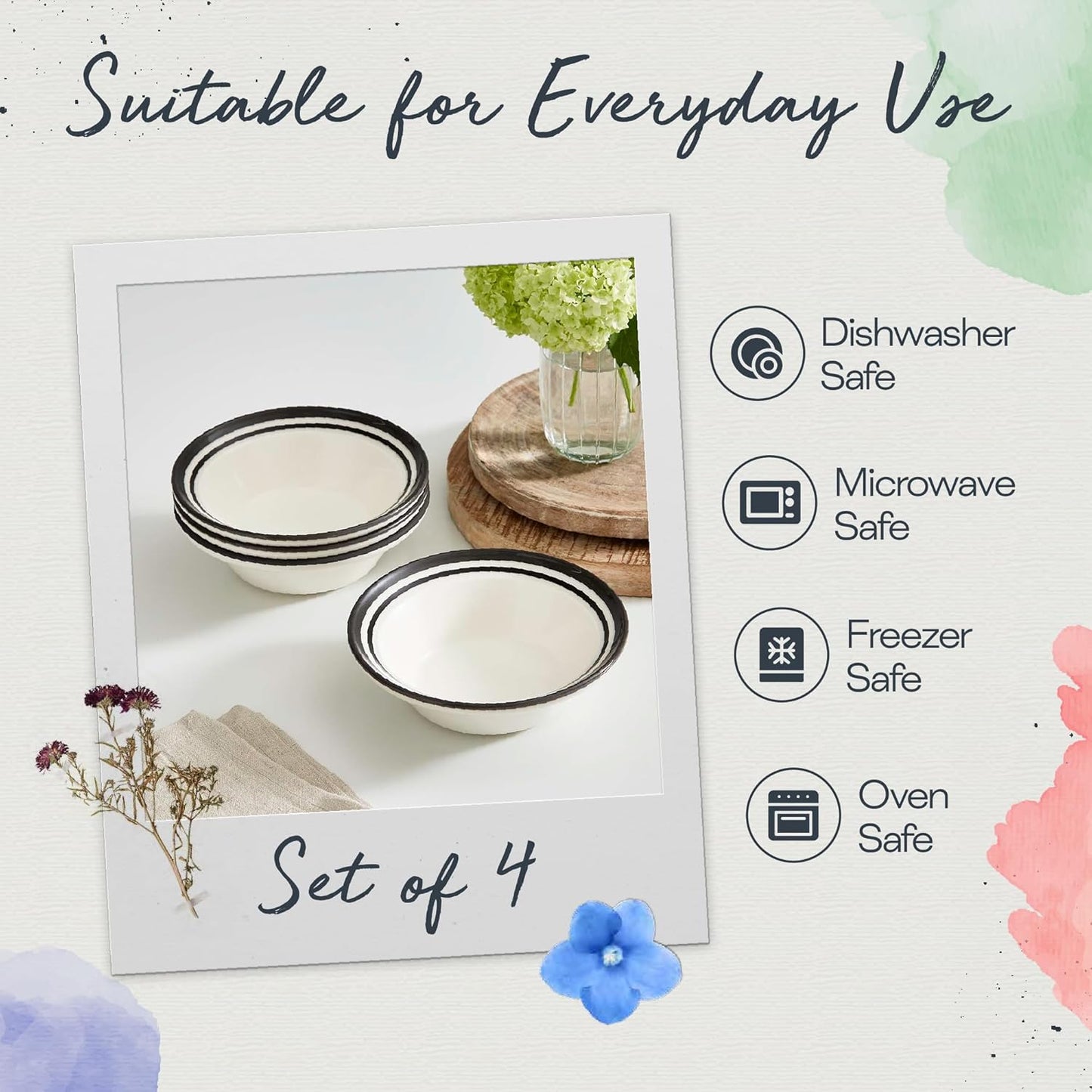 Portmeirion Potter's Stripe Oatmeal Bowls (Set of 4) - Elegant Earthenware for Breakfast, Lunch & Dessert - Microwave & Dishwasher Safe Bowls, Handcrafted Stackable Bowl Collection (Black Stripe)