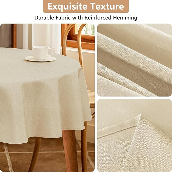 Fabric 60 Inch Round Table Cloth, Faux Linen Textured Water Resistant & Wipeable Circle Tablecloth, Anti-Scratch for Dinning Kitchen Party, Beige
