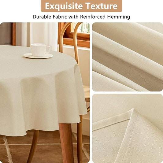 Fabric 60 Inch Round Table Cloth, Faux Linen Textured Water Resistant & Wipeable Circle Tablecloth, Anti-Scratch for Dinning Kitchen Party, Beige