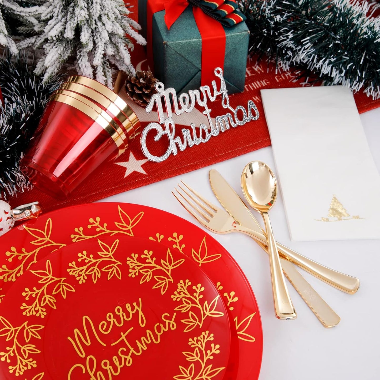 Morejoy 175PCS Christmas Disposable Plates, Red and Gold Plastic Plates Set, Red Gold Dinnerware Set Includes: 50PCS Plates, 25Cutlery Sets, 25PCS Cups, 25PCS Napkins,for Christmas party, wedding
