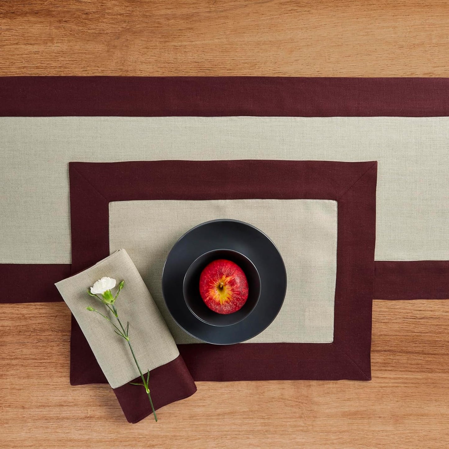 Solino Home Linen Table Runner 120 Inches Long - 100% Pure Linen Burgundy and Natural Table Runner 14 x 120 Inch for Fall, Autumn, Thanksgiving, Christmas - Contempo