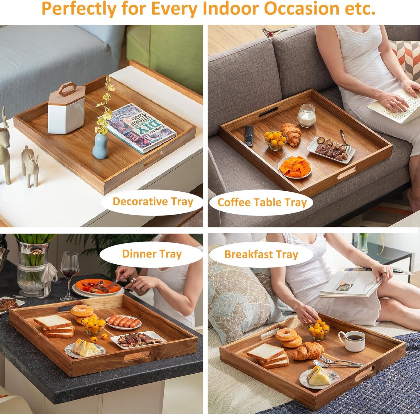 Large Trays for Ottoman Wooden Square Ottoman Tray 22 Inch Serving Tray with Handles Acacia Wood Tray for Living Room Wooden Trays with 4PCS Wood Coasters