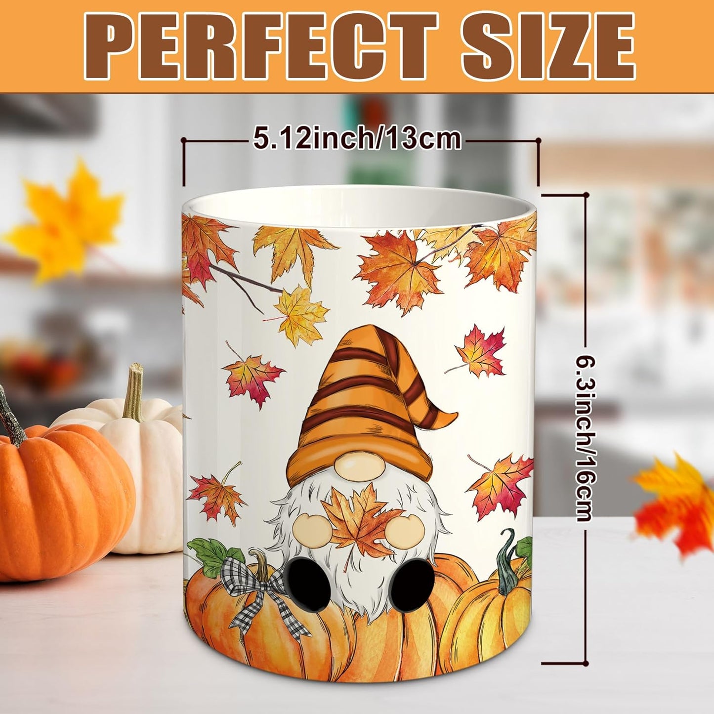 pinata Fall Thanksgiving Kitchen Decor Ceramic Utensil Holder, Farmhouse Fall Gnome Pumpkin Utensils Holder, Ceramic Utensils Crock for Rustic Indoor Kitchen Decorations(6.3 Inches)