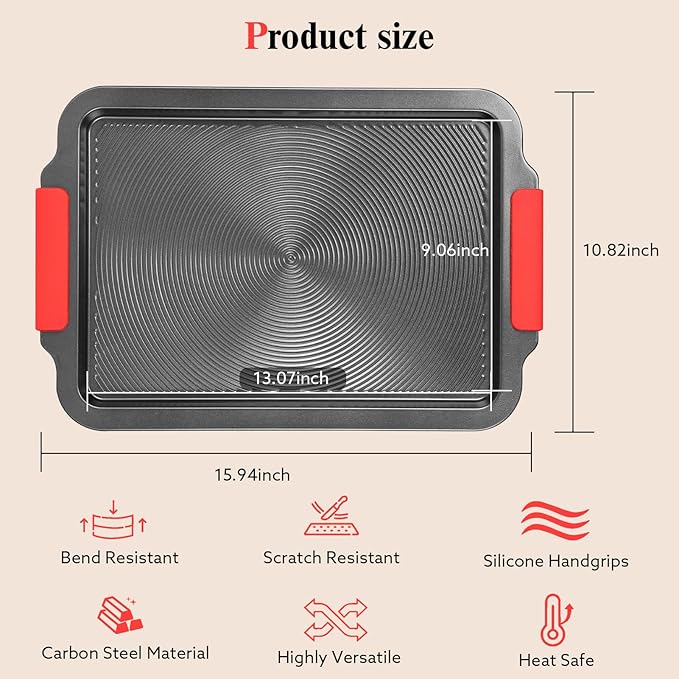 Baking Pans Set with Circle Grooves, 2-Piece 16x11in Nonstick Cookie Sheets for Baking & Roasting, Baking Sheet with Red Grips, PFAS/PTFE Free,Gray