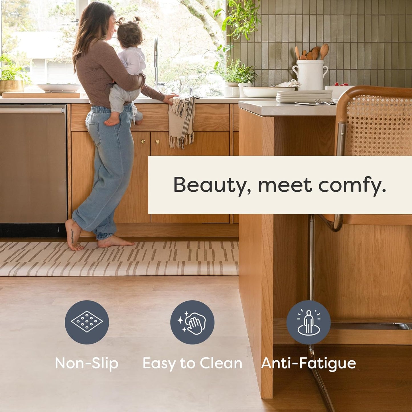 House of Noa Nama Standing Mat – Anti-Fatigue Cushioned Kitchen Mats for Floor | Ergonomic Bounce-Back Foam Kitchen Mats | Anti-Fatigue Mats for Kitchen & Standing | Nara Stripe Natural | 22" x 36"