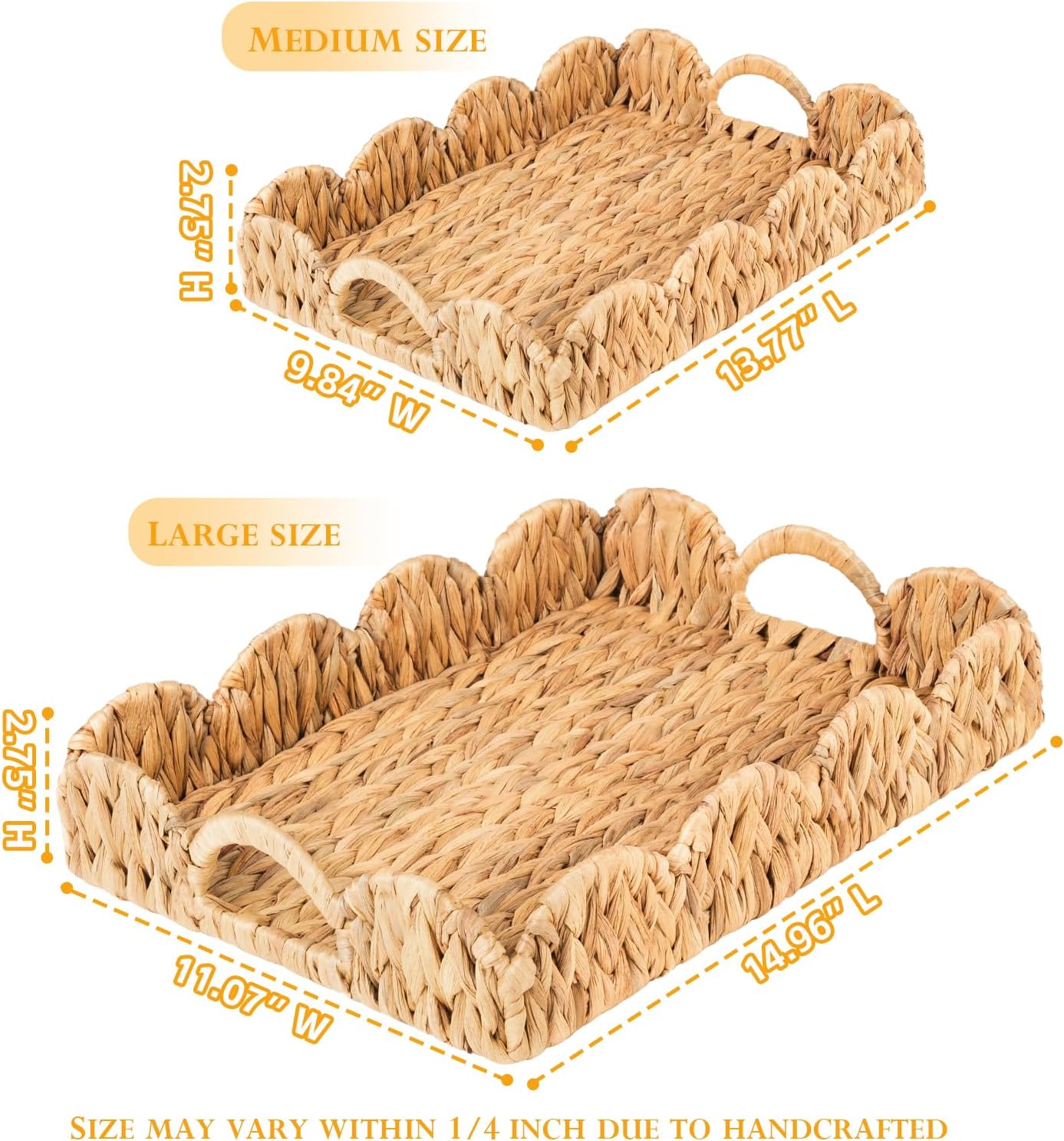 Large Rectangle Serving Tray, 2-Pack Rattan Scalloped Tray with Handles, Wicker Trays for Decor, Hand-Woven Water Hyacinth Coffee Table Tray for Home Decoration