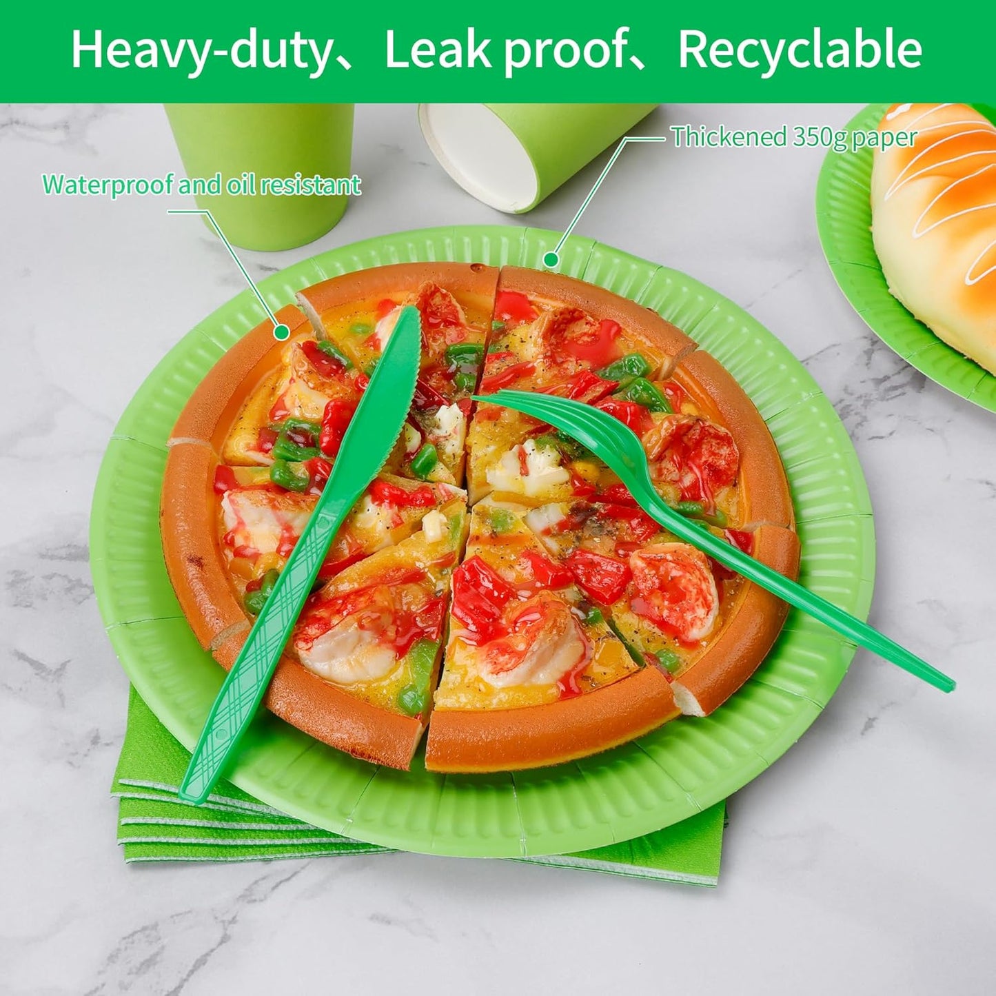 210pcs Grass Green Paper Plates Disposable Tableware Party Supplies- Includes 9" Dinner Plates, 7" Dessert Plates, 9oz Paper Cups, Napkins, Plastic Forks, Knives And Spoons For All Holiday Parties