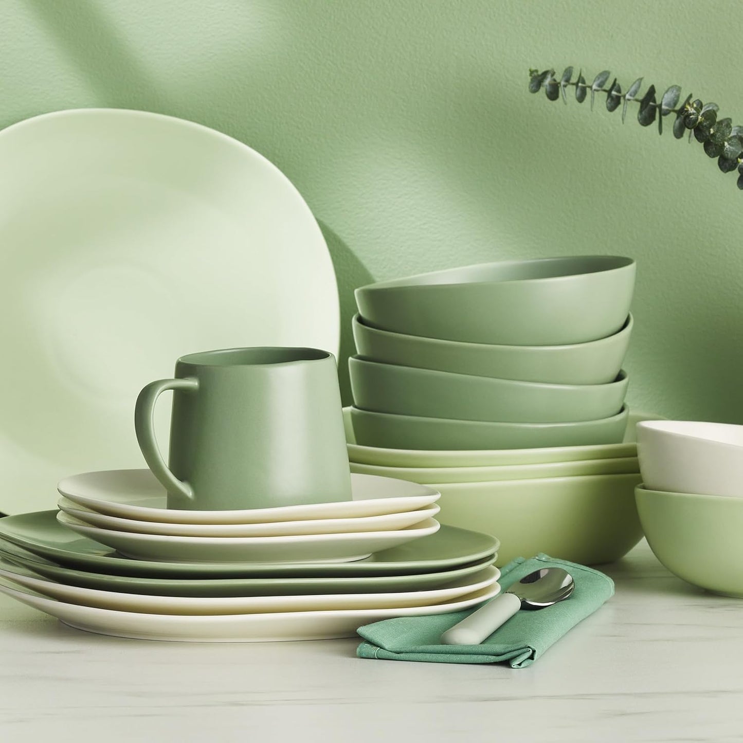 Stone Lain Delilah 6-inch Bowl 6-Piece Dish Set, Porcelain, Honeydew