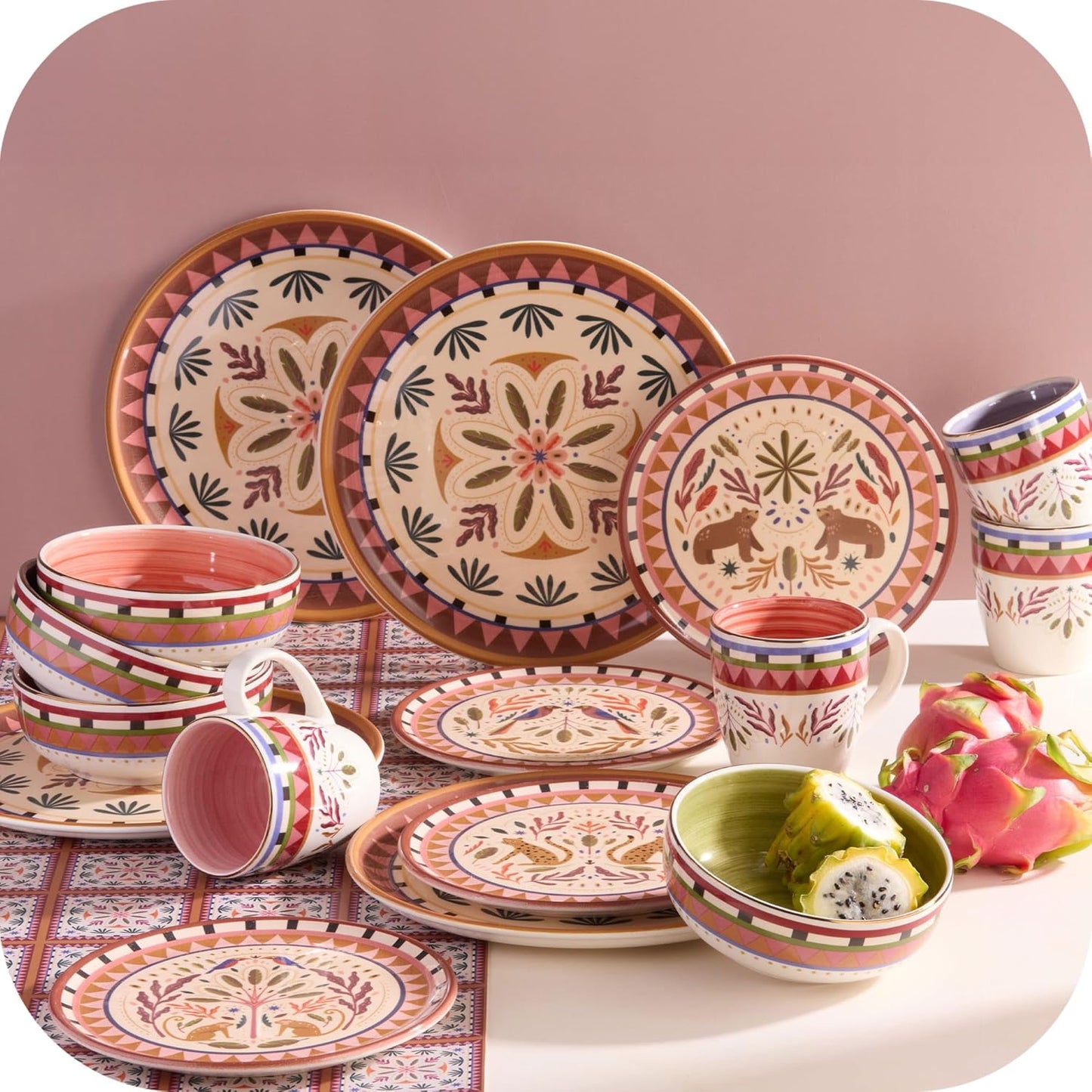 Corona 16–piece Colorful Wild Jungle Animals Inspired Ceramic Dinnerware Sets | Plates, Bowls and Mugs | Service For 4 | Selvatica