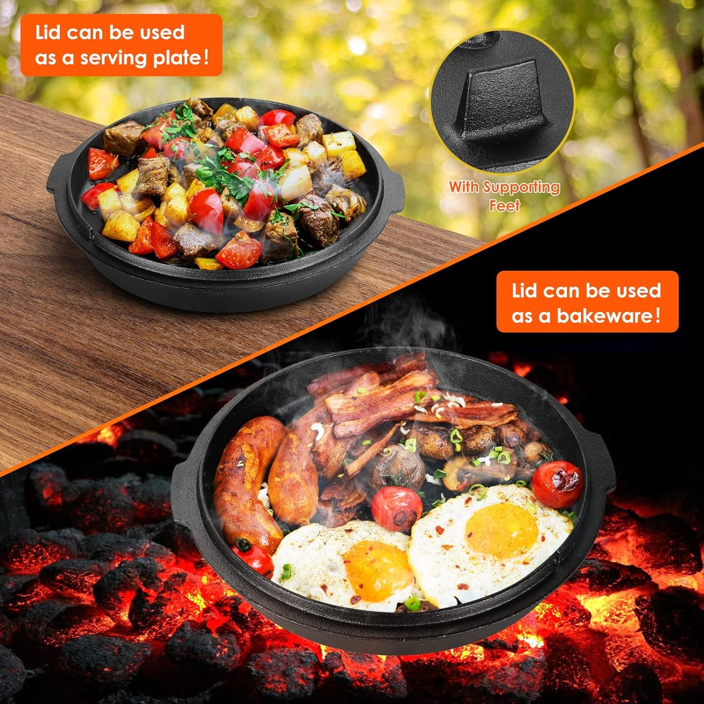 LIFERUN Dutch Oven Pot with Lid, ８.５ Quart Cast Iron Dutch oven, with Lifter Handle & Stand and Dual Function Lid Griddle for Home Cooking BBQ Baking
