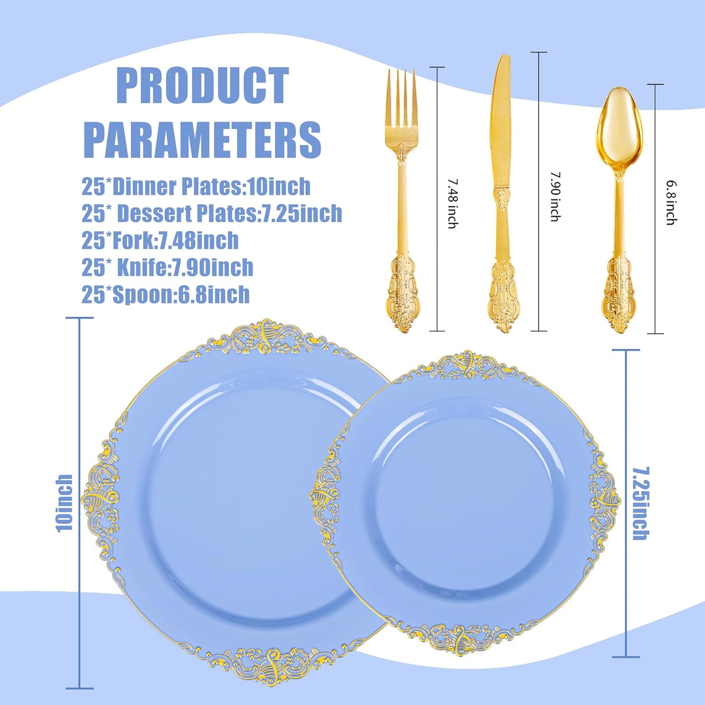 125PCS Blue and Gold Plastic Plates - Airy Blue Disposable Plate - Gorgeous Plates with Gold Plastic Silverware Sets for 25 Guests for Party & Wedding & Spring