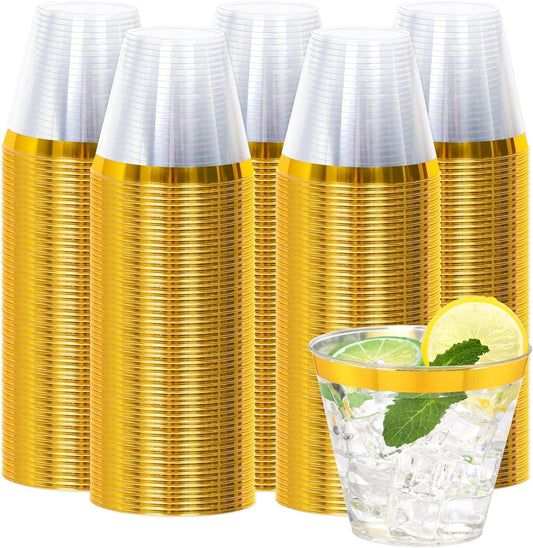 200 Pcs Gold Plastic Cups,9Oz Gold Rimmed Plastic Cups,Heavy Duty Gold Rim Clear Disposable Plasitc Cocktail Tumblers Wine Cup for Party,Wedding,Birthday,Christmas