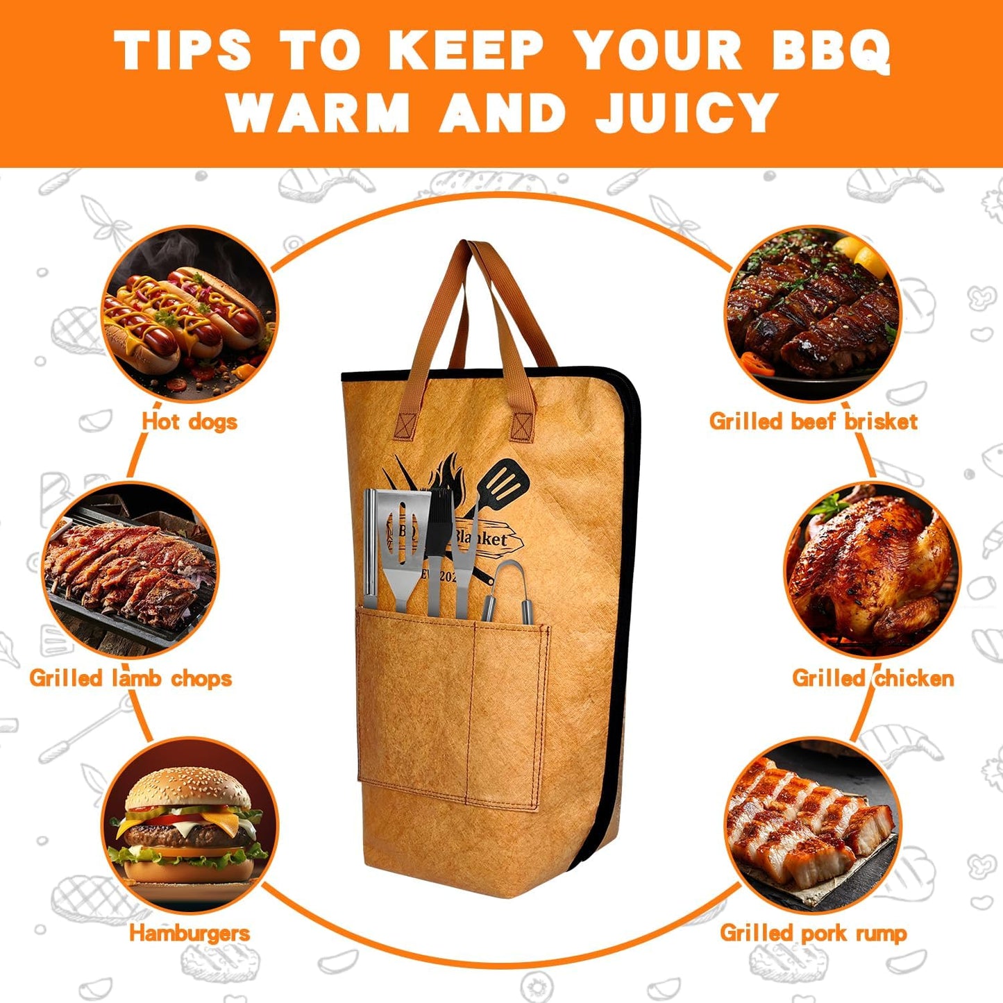 BBQ Blanket,21inch Insulated Meat Resting Bag for Brisket,Pork Shoulders,Steaks & Turkeys|Heavy-Duty Smoker Blanket with Wide Mouth Design for Moisture Retention and Tender BBQ|Ideal Gift for Men