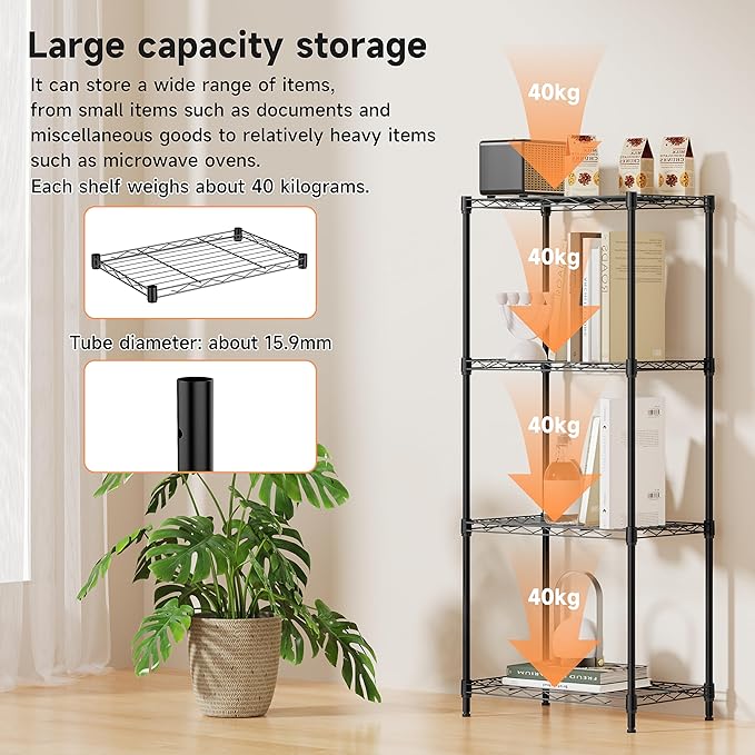 IZEUK 4 Tier Metal Wire Shelf Unit, Black Storage Rack Organizer for Kitchen, Bedroom, Living Room or Laundry Room, 17.7" W x 11.8" D x 41.9" H