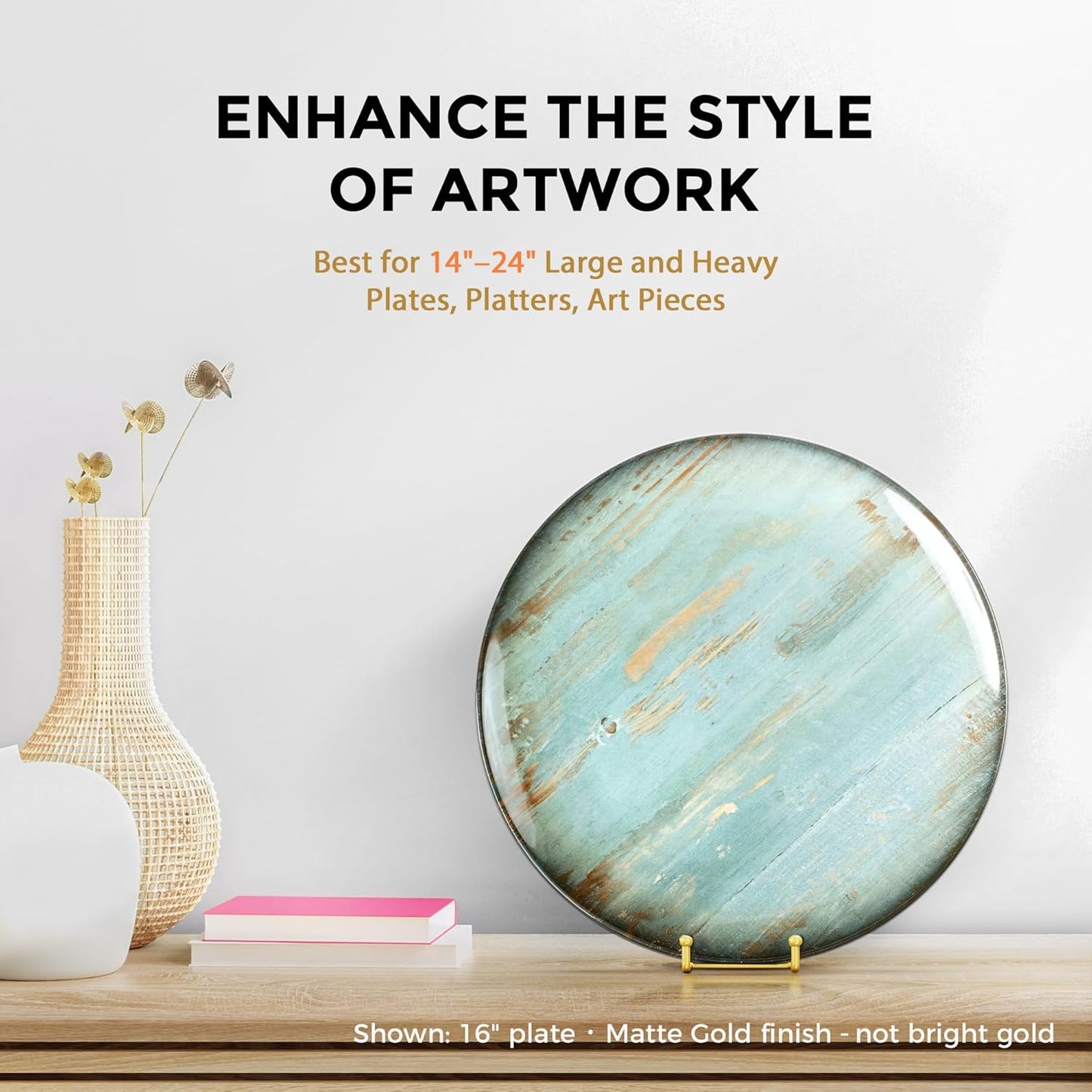 TR-LIFE 12 Inch Large Plate Stands/holder for Display - Metal Picture Frame Holder Stand + Small Easels for Platter, Book, Plaques, Photo, Tabletop Art (Gold 2 Pack)