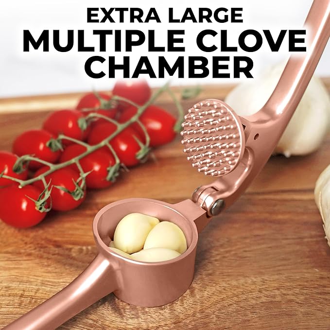 Zulay Kitchen Premium Garlic Press Set - Rust Proof & Dishwasher Safe Professional Garlic Mincer Tool - Easy-Squeeze, Easy-Clean with Soft Handle - Silicone Garlic Peeler & Brush (Rose Gold)