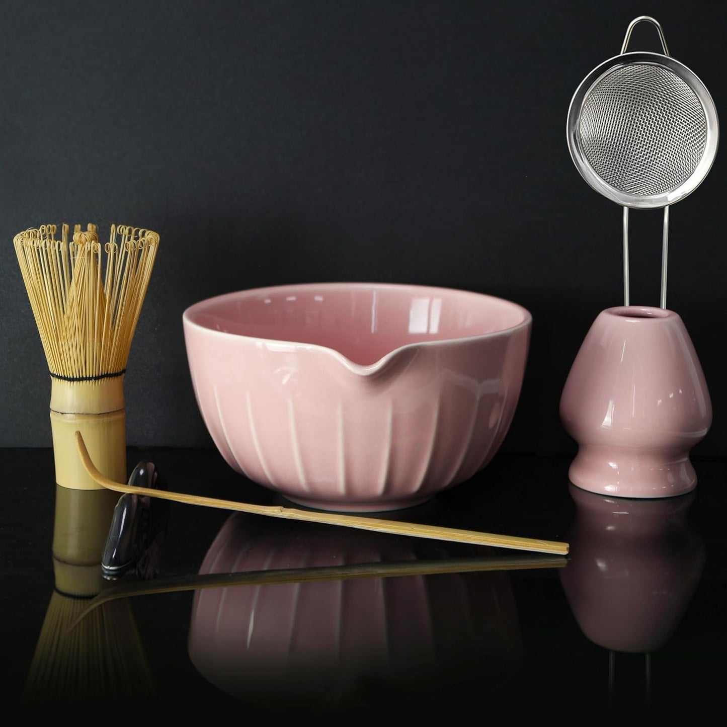 Matcha Whisk Set 7 Pcs - Ceramic Matcha Set with Bowl, Whisk, Holder, Bamboo Scoop, Rest, Sifter, and Tea Towel – Elegant Matcha Kit Gift for Women