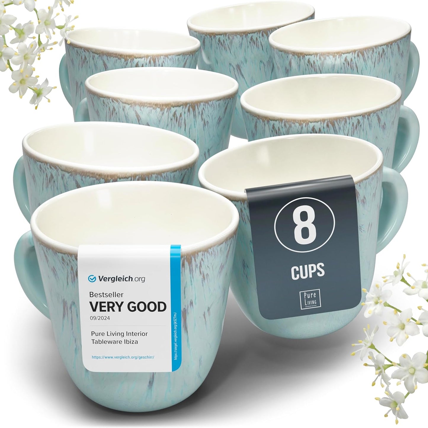 Stoneware Coffee Mugs Set of 8 – 14.5 oz Beige-Blue Ceramic Cups – Dishwasher & Microwave Safe Drinkware – Modern Stylish Design