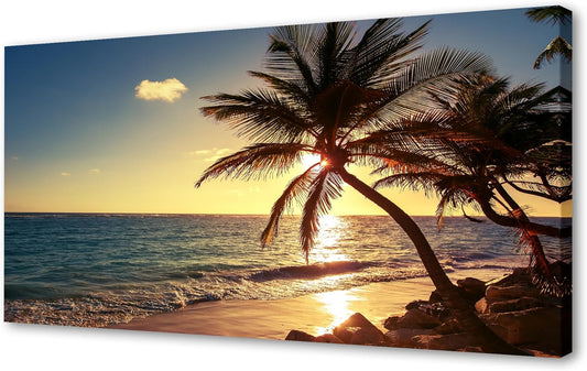 Muolunna S04998 Wall Art Decor Large Canvas Print Picture Sunset Ocean Beach Waves 1 Panel Coconut tree Scenery Painting Artwork for Office Home Decoration Stretched and Framed Ready to Hang