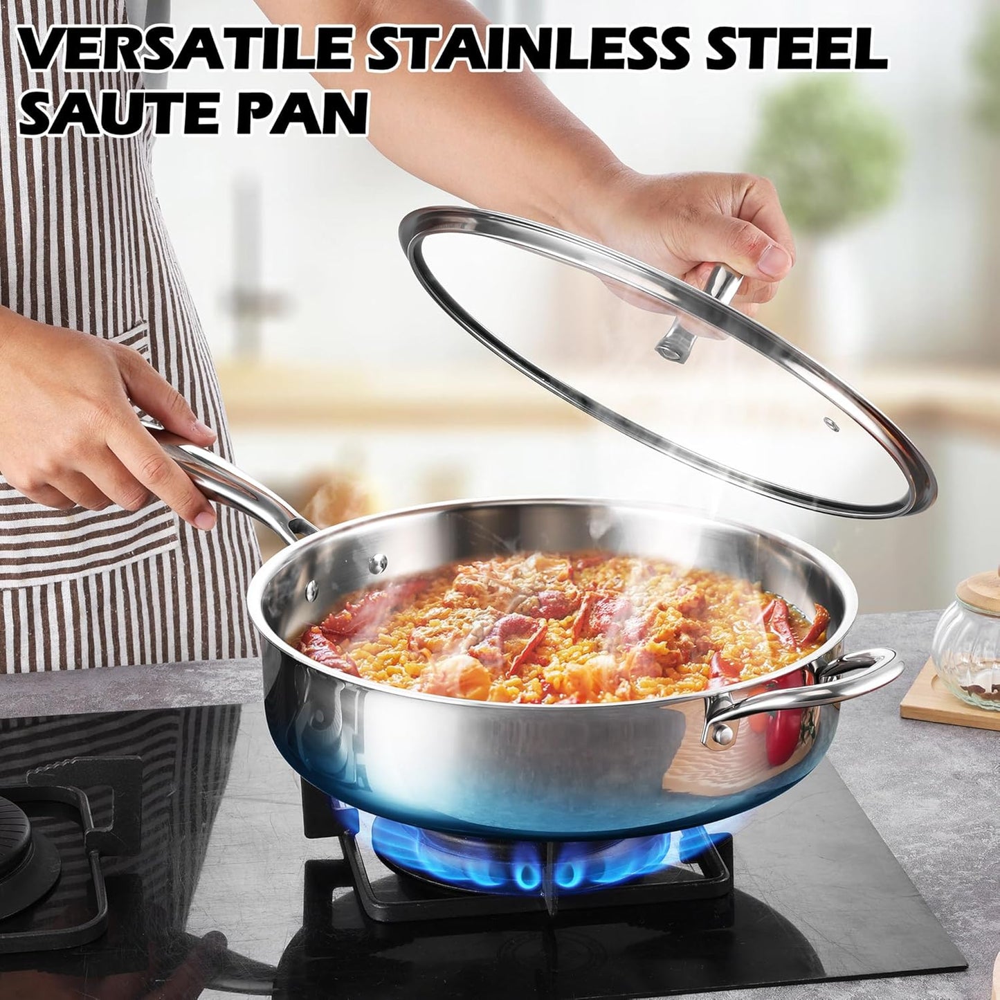 E-far 12 Inch Deep Frying Pan with Lid, 6 Quart Tri-Ply Stainless Steel Saute Pan, Kitchen Skillet, Healthy Non-toxic Cooking Pan for Induction Ceramic Gas Stoves, Heavy Duty, Oven & Dishwasher Safe