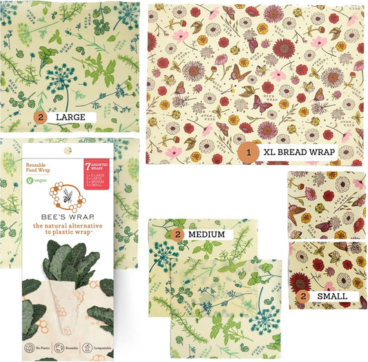 Bee's Wrap Beeswax Wraps for Food - Made in USA Reusable & Organic Food Wraps & Bowl Covers - Eco-Friendly Alternative to Aluminum Foil & Plastic Wrap, Assorted 7 Pack Vegan (2S, 2M, 2L, & 1 Bread)