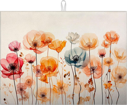 Poppy Dish Drying Mat for Kitchen Counter Wild Flower Drying Pad Absorbent Reversible Dish Drainer Rack Mats Draining Pad 18"x24"Inch