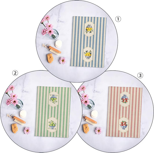 Chinoiserie Floral Fruit Kitchen Towels Set of 3, Retro Striped Lemon Apple Strawberry Dish Tea Towels for Kitchen Decor, Fruit Lover Gifts Decorative Hand Towel, 16x24 Inch