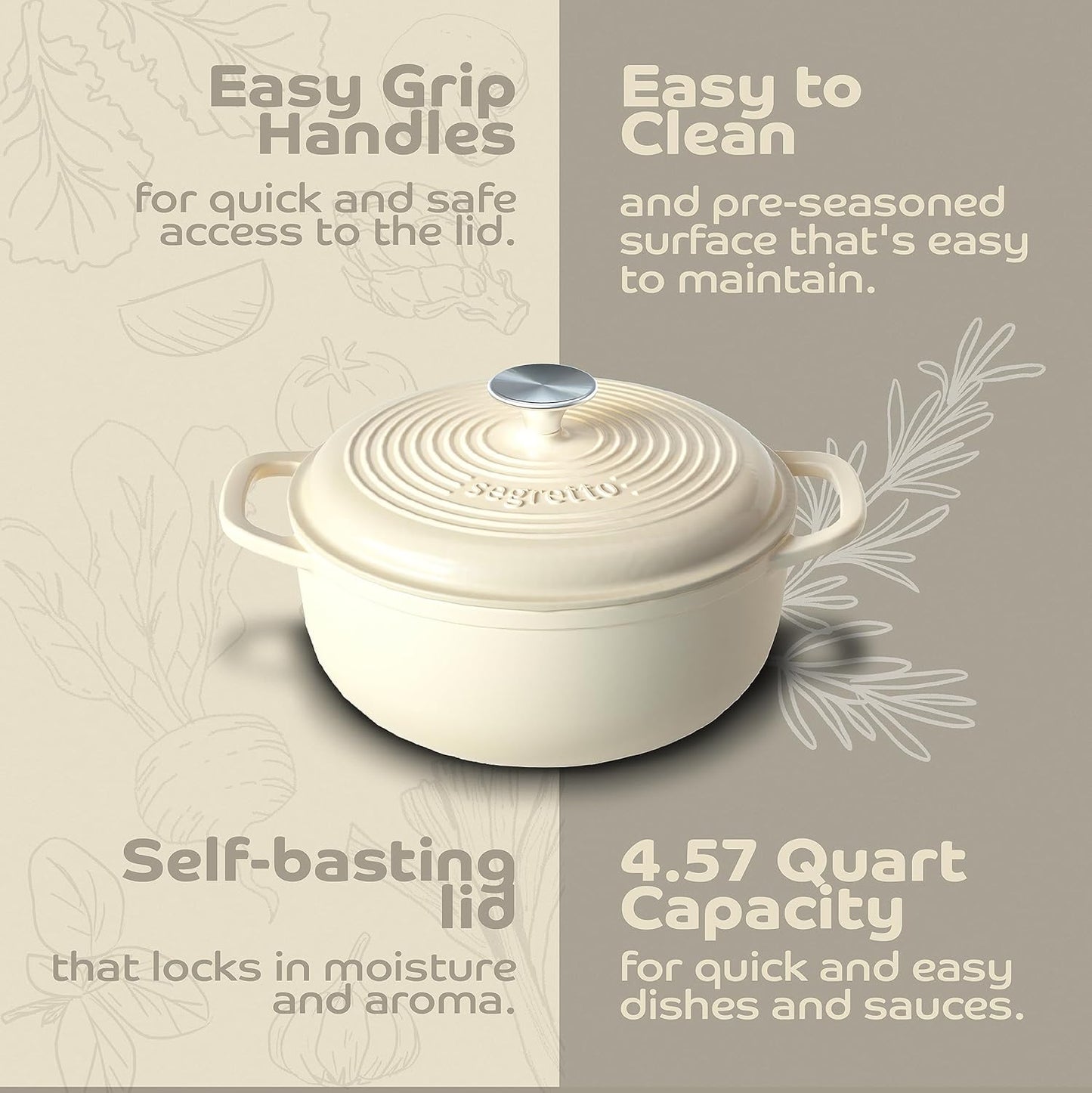 Segretto Cookware Enameled Cast Iron Dutch Oven Pot with Lid 4.57 Quarts, Bianco Perla (Off-White) White Enamel Dutch Oven Cast Iron with Handle Ceramic Cooking Pot for Bread Baking, Basting, Cooking