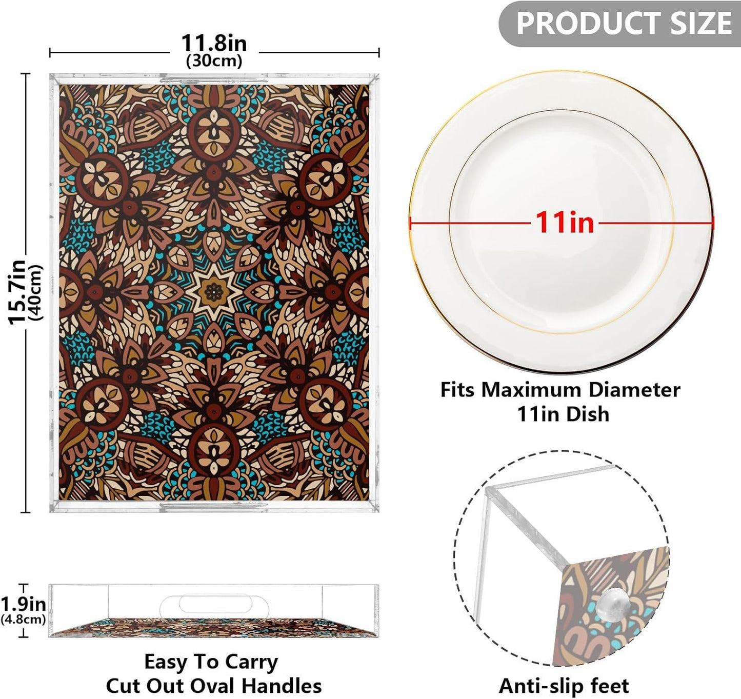 Acrylic Serving Tray with Handles Spill Proof Kitchen Storage Tray Clear Decorative Tray Makeup Drawer Organizer Storage Tray for Bathroom Living Room Ottoman 15.7x11.8Inches