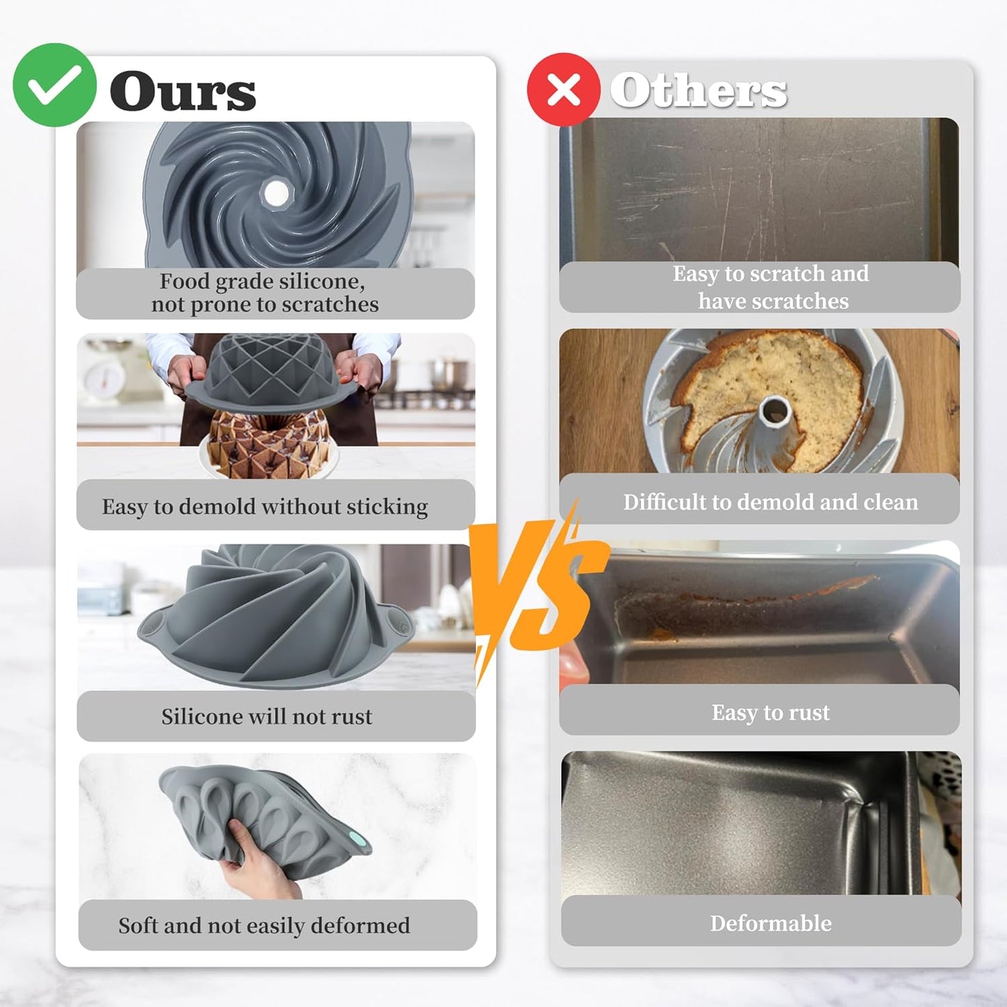 Tongjude 4 Pieces Silicone Fluted Cake Pans, 9/10/12 Cups Tube Baking Pan, Silicone Molds for Homemade Cake, Bread and Jello, Non-Stick, Grey