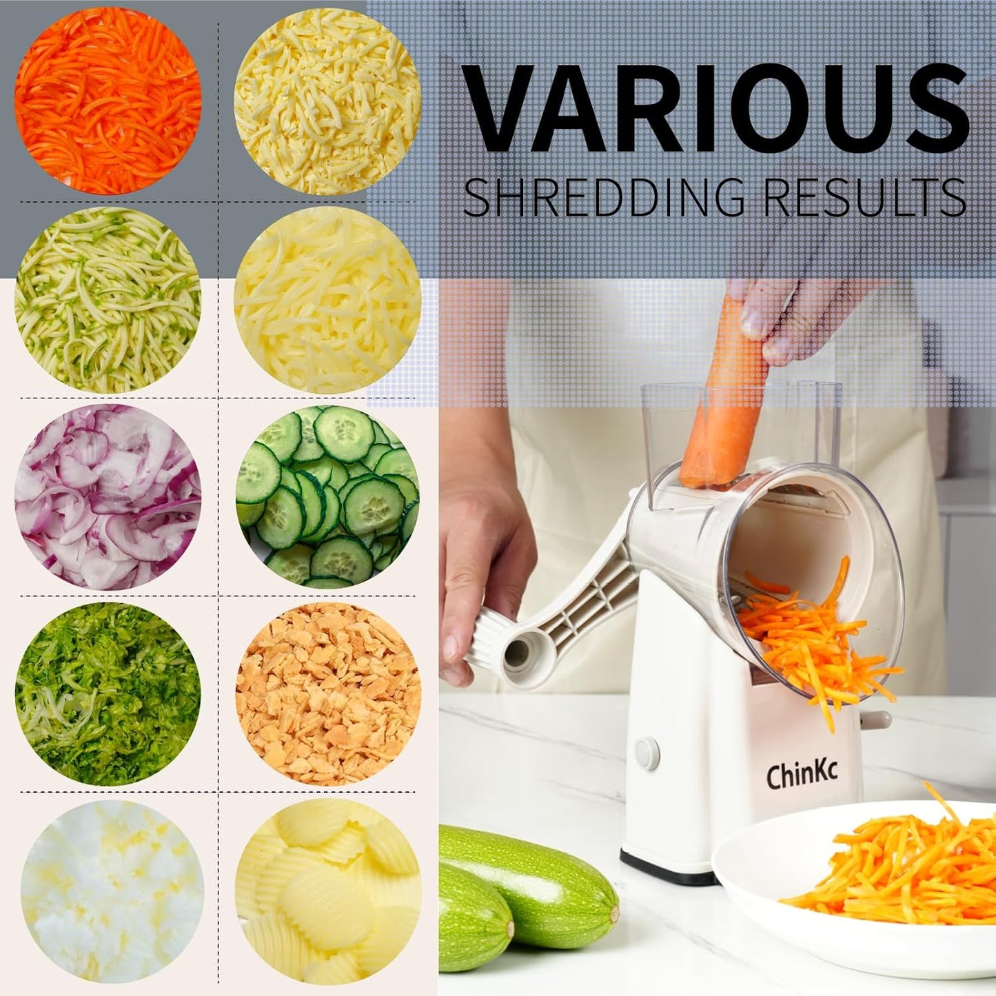 Rotary Cheese Grater Shredder - Upgraded 5 in 1 Cheese Grater with Handle and Strong Suction Base, Multi-purpose Julienne Slicer Ice Shaver Nuts Grinder for Ice, Vegetables, Fruit, Nuts