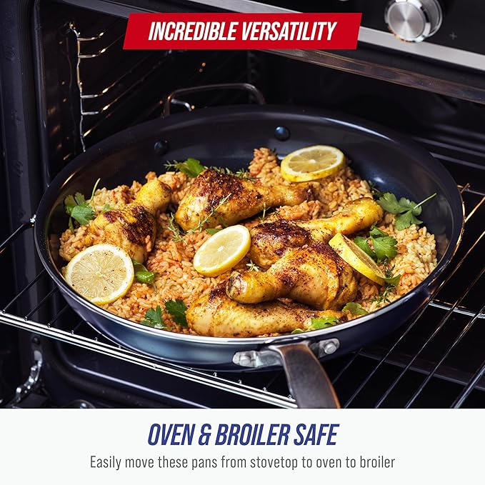 Blue Diamond 14" Nonstick Frying Pan Skillet, Diamond Infused PFAS & PTFE-Free Ceramic Pot, Dishwasher & Oven Safe, Stay Cool Handle, Durable Non Toxic Metal Utensil Safe, Family Jumbo Pan, Blue