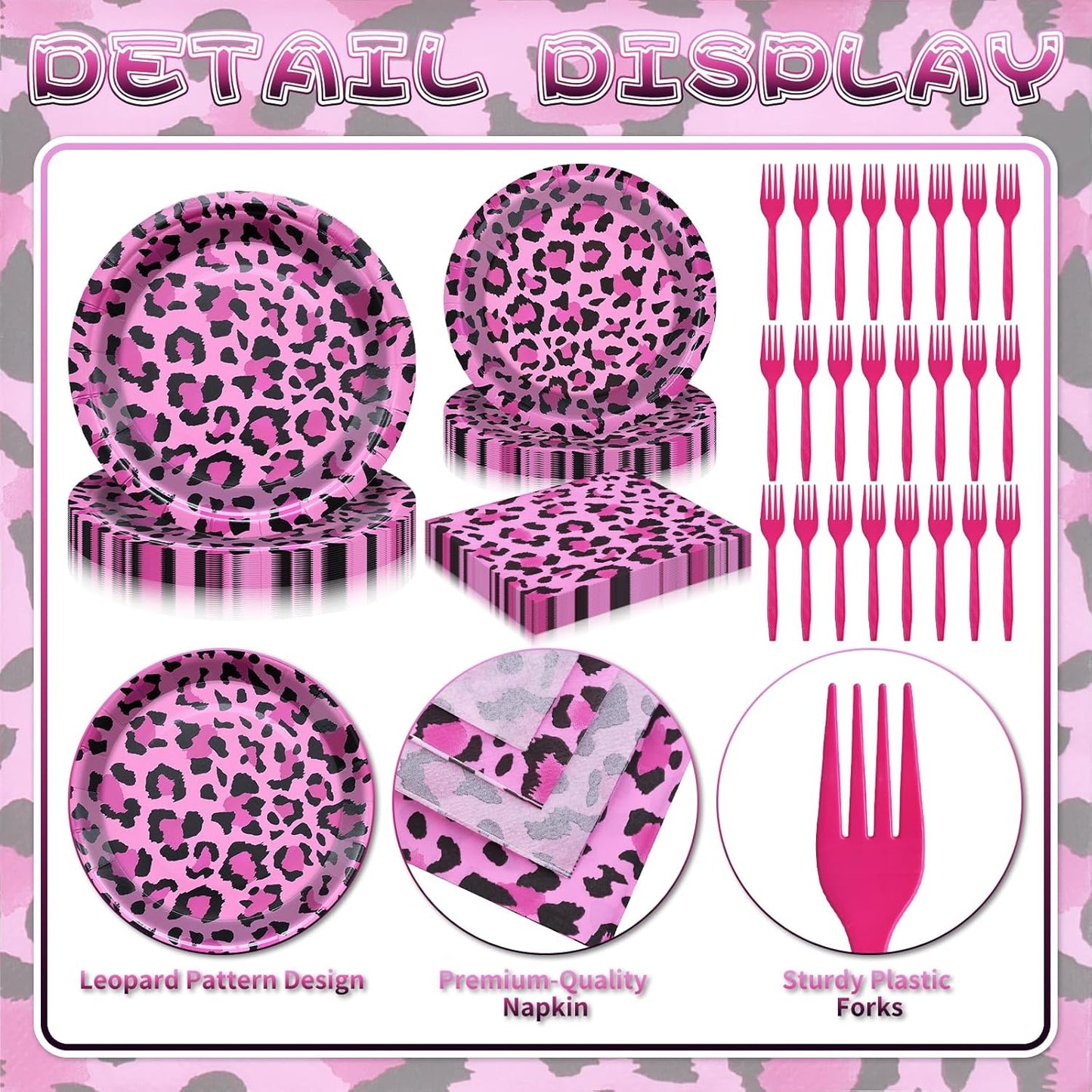 100 Pcs Pink Leopard Print Party Tableware Set – Disposable Animal Print Plates, Napkins, and Forks for Wild Birthday Parties, Safari Themes, and Glam Celebrations – Serves 25