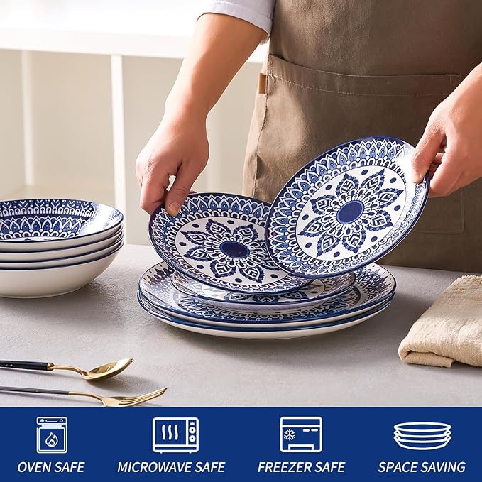 Bestone Porcelain Dinnerware Sets Service for 4, 12 pcs Hand drawn Plates and Bowls Sets, Handmade Ceramic Dish Set, Chip Resistant Modern Plate Set, Dishwasher/Microwave Safe，Vintage Blue